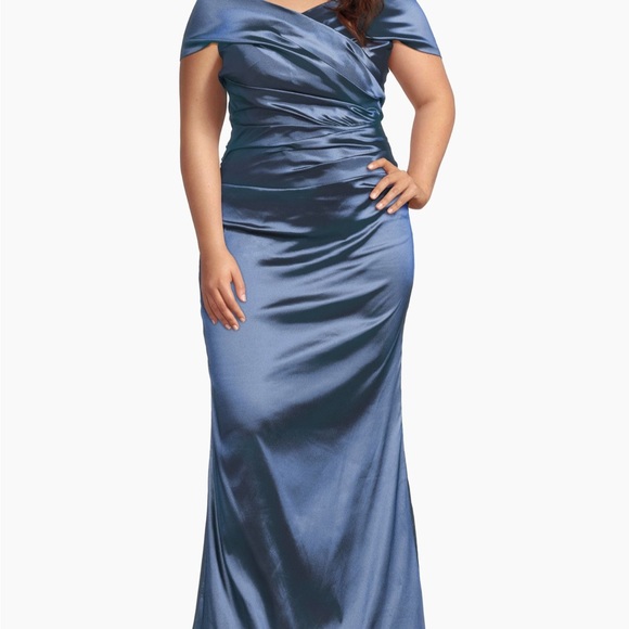 Rickie Freeman for Teri Jon Off-Shoulder Blue Satin Maxi Dress - Picture 1 of 4